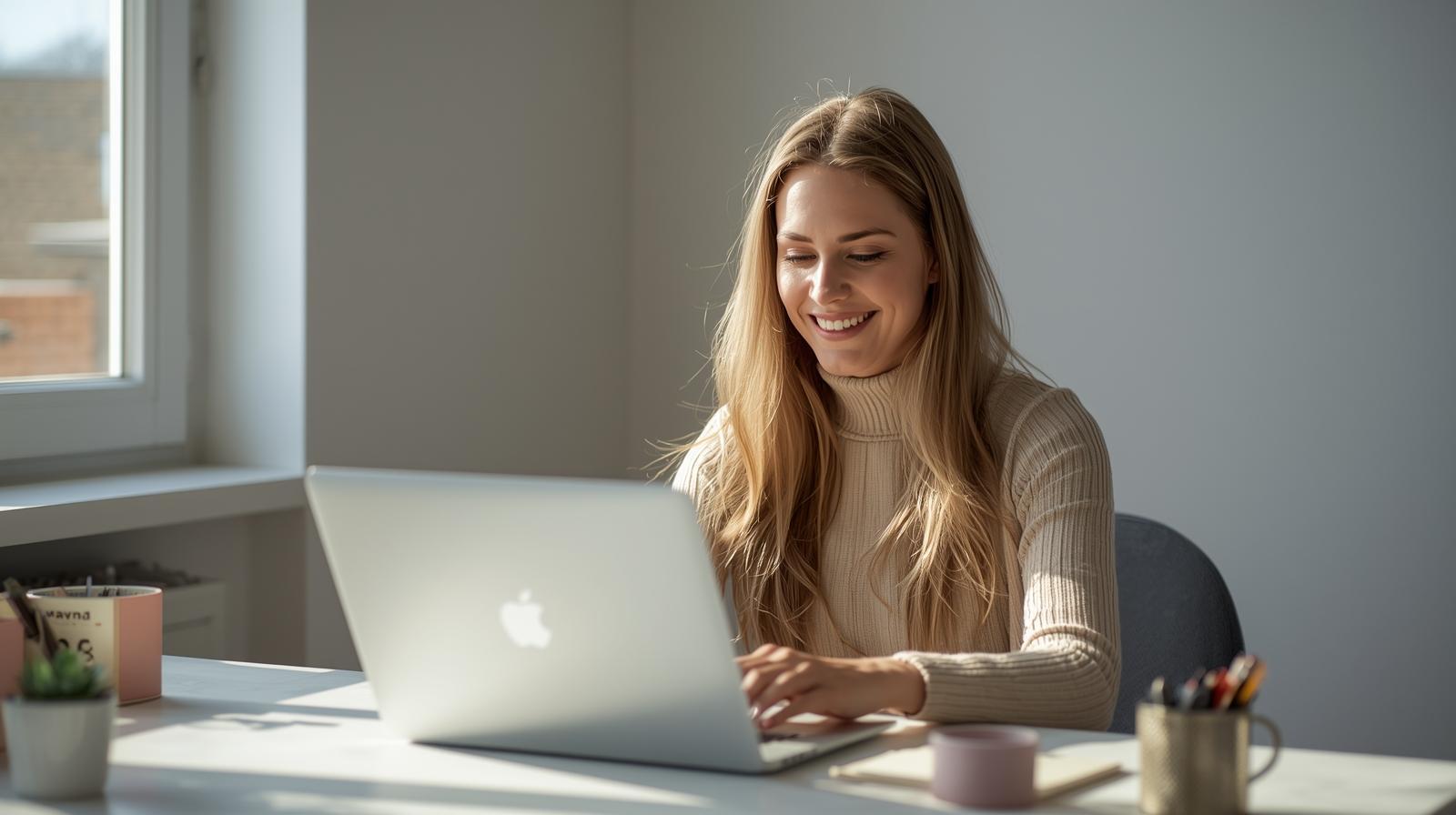Cheerful person using laptop with blurred screen in sunny home office.